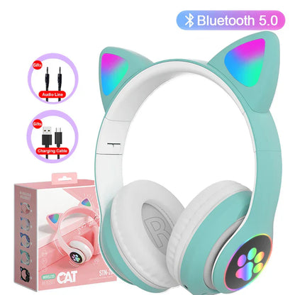 Flash Lamp Cute Cat Ears Headphone Bluetooth