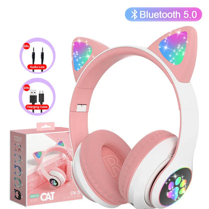 Flash Lamp Cute Cat Ears Headphone Bluetooth