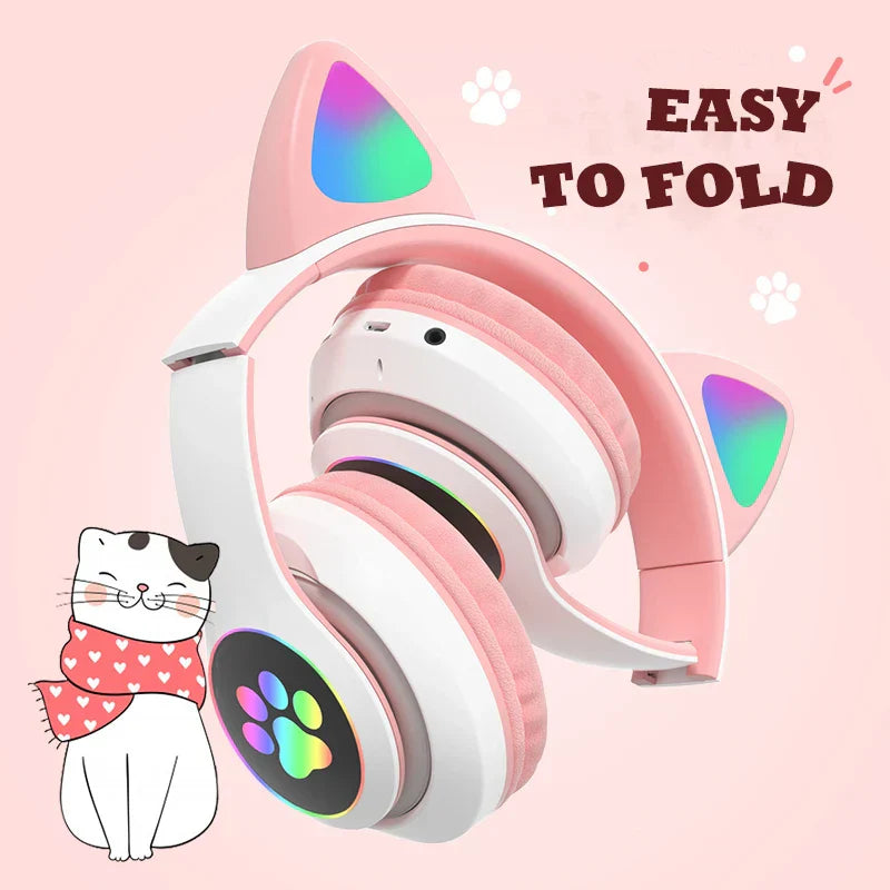 Flash Lamp Cute Cat Ears Headphone Bluetooth