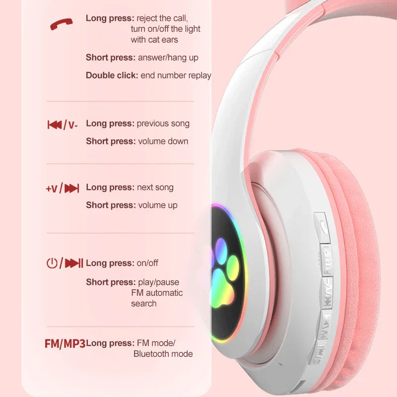 Flash Lamp Cute Cat Ears Headphone Bluetooth