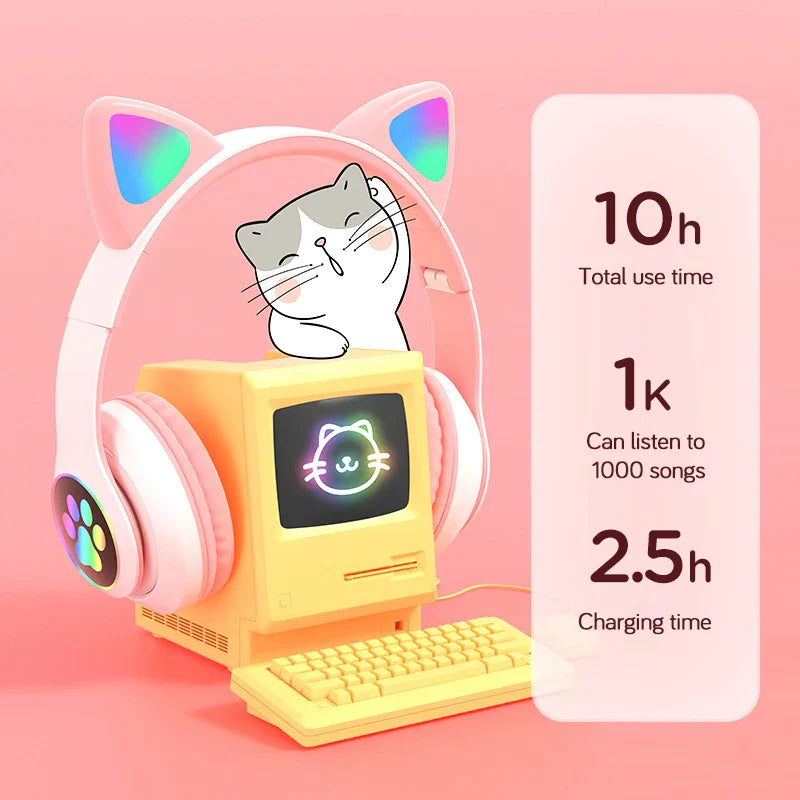 Flash Lamp Cute Cat Ears Headphone Bluetooth