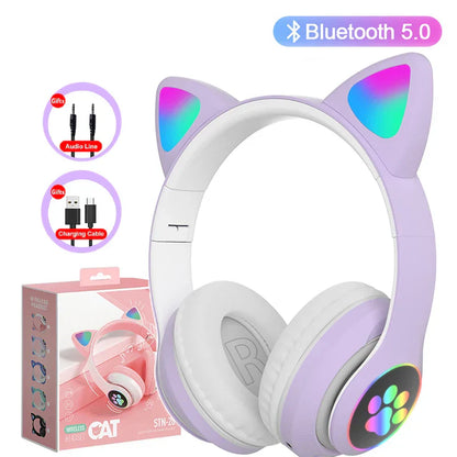 Flash Lamp Cute Cat Ears Headphone Bluetooth