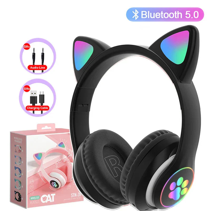 Flash Lamp Cute Cat Ears Headphone Bluetooth